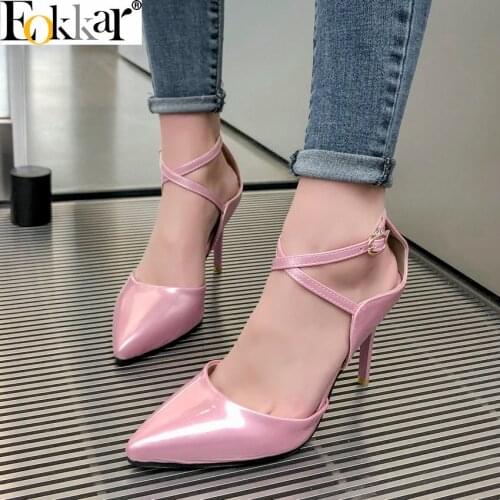 Eokkar 2019 Elegant Patent PU Leather Ladies High Heel Stiletto Pumps Silver Closed Toe Buckle Strap Women Shoes Plus Size 34-45