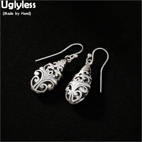 Uglyless Palace Designer Vintage Ethnic Vines Earrings for Women Real Solid 925 Silver Fine Jewelry Hollow Water Drop Earrings