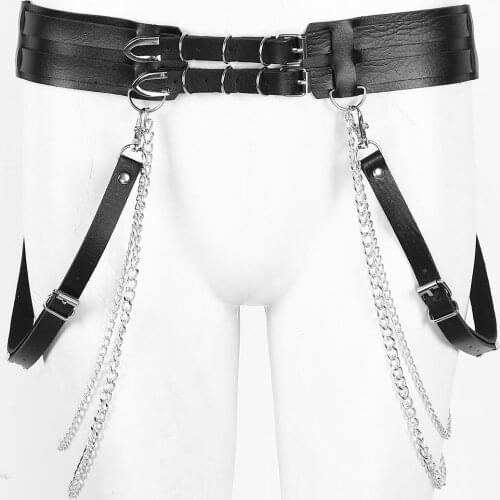 Women Punk Gothic Waist Belt PU Leather Adjustable Body Chest Waist Harness belt With Metal Handcuffs And Chain Tassel Clubwear