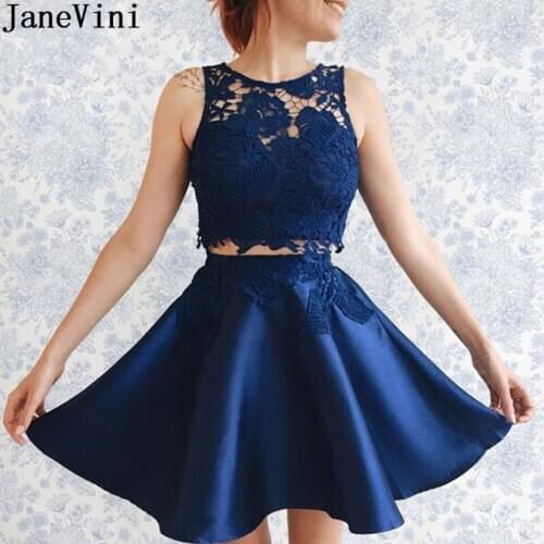 JaneVini Sexy 2 Pieces Homecoming Dresses Short Mini Navy Blue Leaf Shape Lace Satin Graduation Gowns Crop Top Prom Party Dress