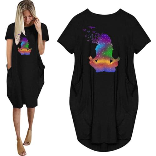 Yo ga Pose Om Chakras Mindfulness Meditation Zen Print Women Summer Dress With Pocket Ladies O Neck Tops Female T Shirt Dress