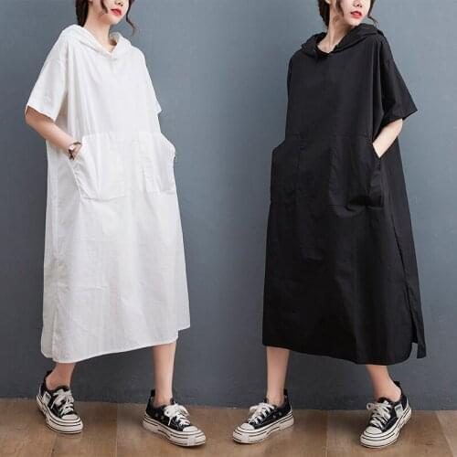 2021 Summer Big Size Women Dress Hooded Loose Pockets Solid Color A line Black Casual Women Robe YoYiKamomo