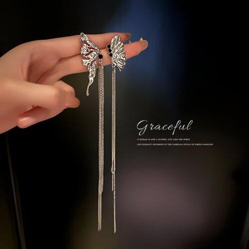 2021 South Korean new personality fashion asymmetry with diamond butterfly fringe long earrings cold wind earrings for women