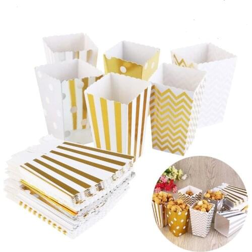 6pcs Gold/Silver Stiff Paper Mini Party Popcorn Boxes Pop Corn Candy/ Sanck Favor Bags Wedding Birthday Movie Party Tableware