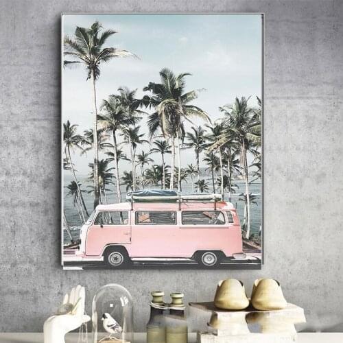 5D DIY diamond painting cross stitch full square diamond mosaic pink car bus coconut tree full circle diamond embroidery