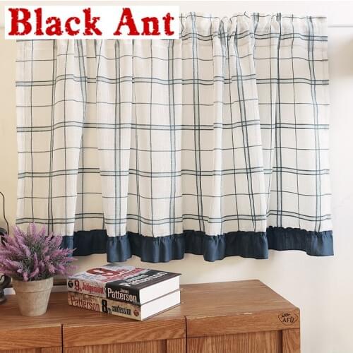 American Blue Plaid Short Curtain for Kitchen Cabinet Dust-proof Nordic Hemp Yarn Cafe Small Window Half Curtain DL-X31#4