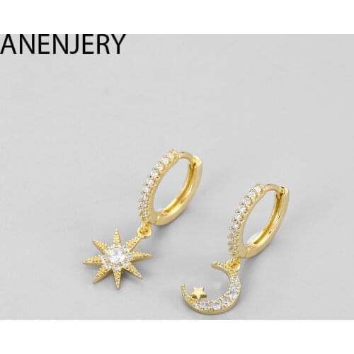 ANENJERY 925 Sterling Silver Fashion Moon Star Asymmetric Hoop Earring Micro Inlaid Zircon Earring Jewelry For Women S-E1130
