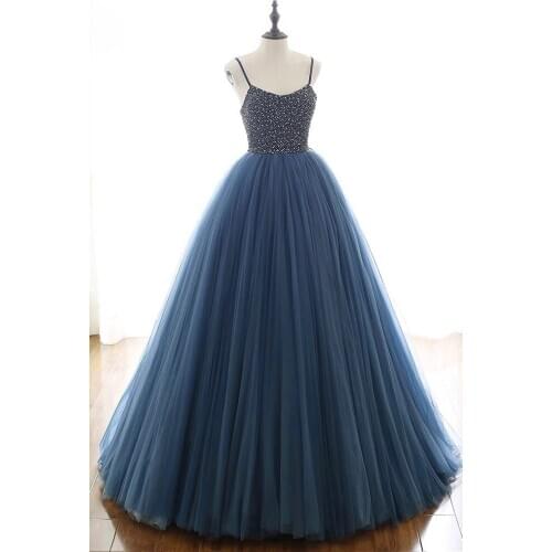 2021 Ball Gown Beaded Evening Dresses Long Spaghetti Straps Scoop Neck Sleeveless Formal Evening Party Gowns Robe De Soiree
