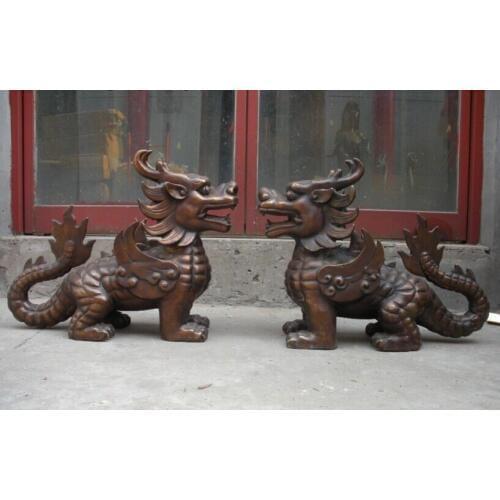 Bi002276 18"China royal Huge Bronze Dragon Kylin Foo Dogs Lion Pair Evil spirits statue