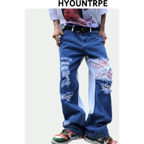 Mens Destroyed Ripped Straight Denim Jeans Pants Fashion Patchwork Casual Zipper Splicd Pants Hip Hop Streetwear Jeans Trousers