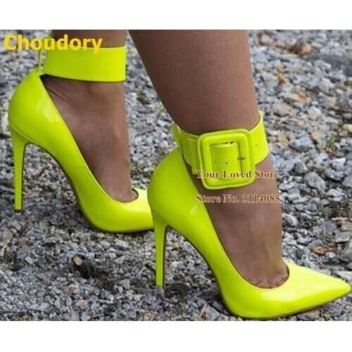 Choudory Neon Heels Patent Leather Square Bukle Strap Dress Shoes Pointed Toe Candy Color Stiletto Heel Pumps Size 46 Dropship