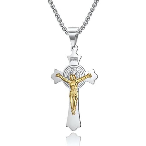 INRI Jesus Double-Layer Cross Pendant Necklaces Stainless Steel Chain with 24Inch Necklace for Men Him Religious Jewelry