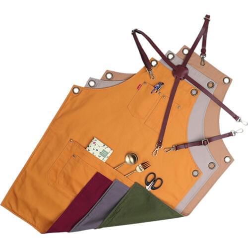 Double Sides Cotton Apron Cowhide Leather Strap Barista Cafe Bartender Pastry Uniform Florist Barber Hairdresser Work Wear D18