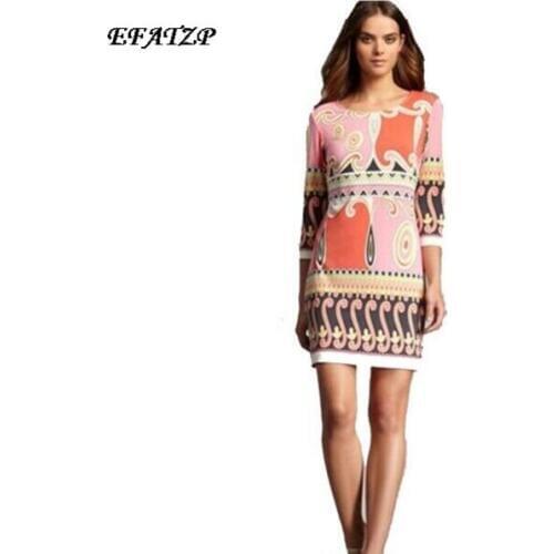 [EFATZP] Europe Top Fashion Vintage Bohemian Print Slash Collar Stretch Jersey Silk Dress S-XXL