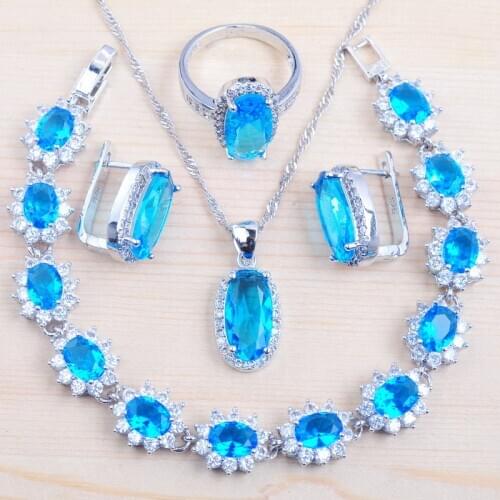 Elegant Silver Color Wedding Jewelry Sets Blue Cubic Zirconia Women Pendant/Necklace /Ring/Earrings/Bracelet Dropshipping QS0168