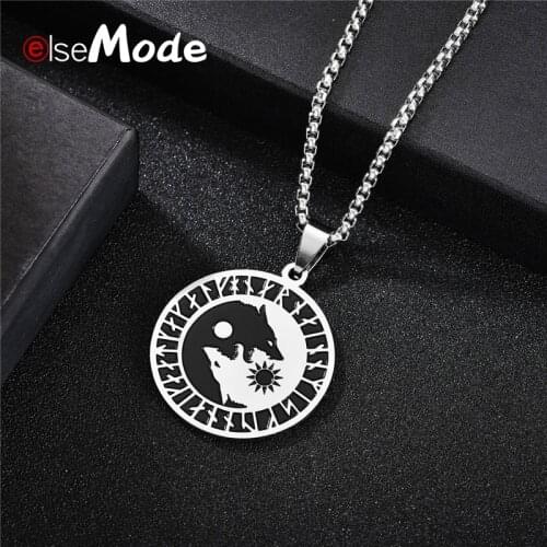 ELSEMODE Vikings Yin Yang Wolf Sun Moon Pendant Necklace Stainless Steel Fourth Pentacle of Jupiter Key Of Solomon Amulet Gift