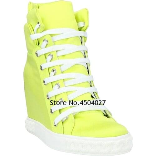 Fluorescent Yellow Ankle Wedge Boots Height Increasing for Women Short Boot Round Toe Lace Up Boots