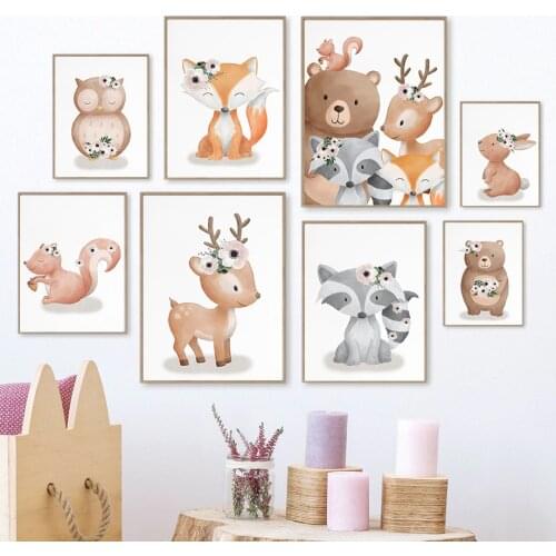 Kawaii Bear Deer Bunny Fox Squirrel Raccoon Owl Wall Art Canvas Painting Nordic Posters And Prints Wall Pictures Kids Room Decor