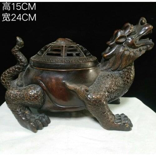 9" Tibet Buddhism Temple Old bronze Dragon Tortoise Incense Burner Dragon turtle statue Dragon tortoise is a symbol of birthday