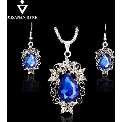 MISANANRYNE New Design Woman Crystal Waterdrop Shape Flower CZ Pendant Necklace Earrings For Bridal Wedding Jewelry Sets