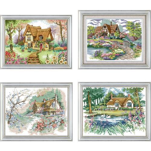 Crosstitch kit With Pattern Village Garden Cottage Landscape Cross Stitch Print Embroidery Kit 14CT Cotton Embroidery Sewing Kit
