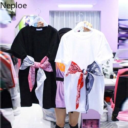 Neploe Bow Knot Lace Up T Shirts Women Fashion O Neck Short Sleeve Female Tees Spring Summer 2021 Loose Casual Ladies Tops 1A039