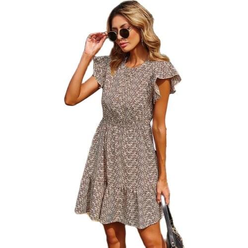 New Design Good Quality Factory Price Fashion Hot Selling Womens Water Ripple Print Flying Sleeve Round Neck Dress