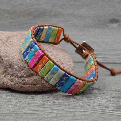 New Multi Color Natural Stone Chakra Bracelet Jewelry Handmade Tube Beads Leather Wrap Bracelet Couples Bracelets Creative Gifts