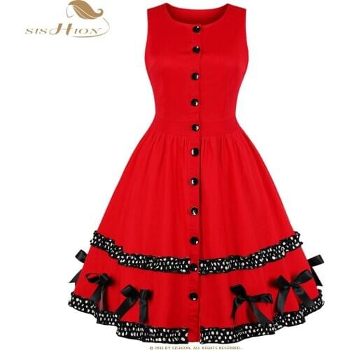 SISHION Clearance! Women Red Cotton Dress Sleeveless Patchwork with bow Elegant Women 50s Retro Vintage Dress Plus Size VD0884