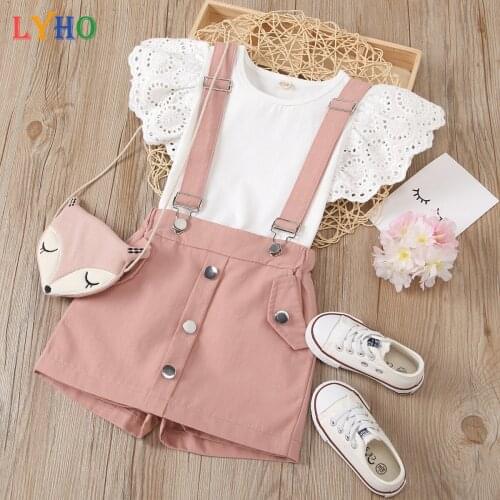 Baby girl clothes baby girl short-sleeved lace fly-sleeve top suspender shorts 2 pieces fashion casual girl suit clothing set