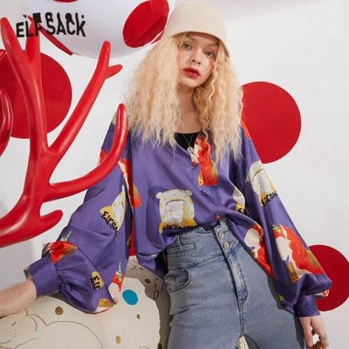 ELFSACK X Duan Ge Xin Graphic Single Breasted Casual Satin Shirt Women,2021 Spring Vintage Full Sleeve,Ladeis Basic Daily Top