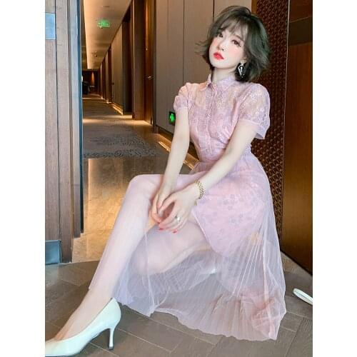 Top Quality Pin bead Lapel single breasted lace patchwork Pleated Dress