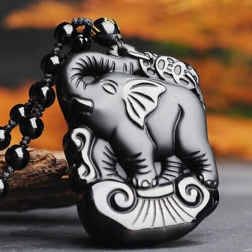 Elephant Natural Black Obsidian Jade Pendant Necklace Chinese Hand-Carved Fine Charm Jewelry Amulet Accessories for Men Women