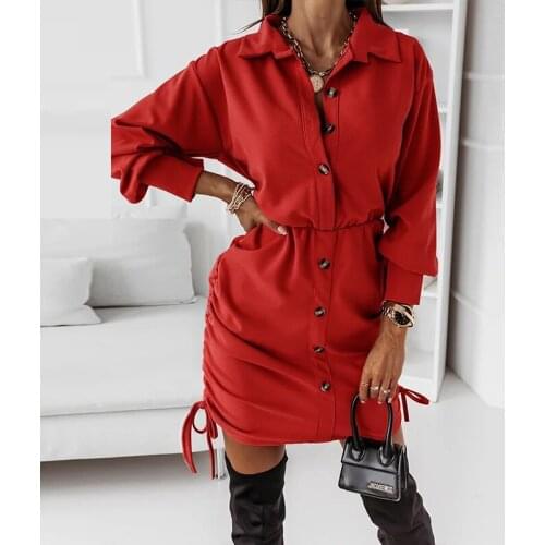 Sexy Turn-down Collar Button Drawstring Dress Women Spring Elastic Waist Slim Party Dress Autumn Long Sleeve Solid Mini Dresses