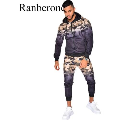 Ranberone Casual Tracksuit Men 3D Camouflage Gradient Hooded 2 Piece Set Plus Size Sportswear Zipper Hoodie Men Clothing
