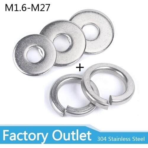 50pcs Spring Washer Flat Washer M2 M2.5 M3 M4 M5 M6 M8 M10 M12 M14 M16 M18 M20 M22 M27 Stainless Steel Washers Plain Gaskets
