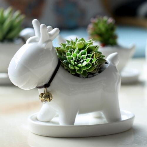 Cute Elk White Ceramic FlowerPots Planter for Succulents Cartoon Desktop Succulents Decorative Mini FlowerPot Home Garden Decor