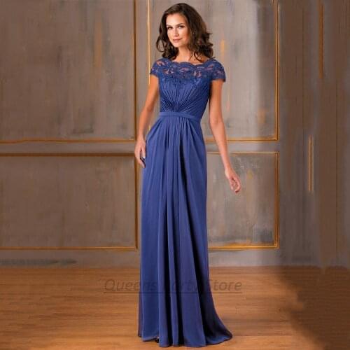 Royal Blue Sheath Mother Of The Bride Dress Cap Sleeve Scoop Neck Chiffon Floor Length Party Evening Wedding Guest Gown