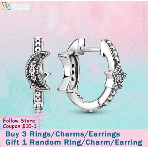 Smuxin 925 Sterling Silver Crescent Moon & Stars Beaded Earrings Cubic Zirconia Statement Stud Earrings Women Earrings