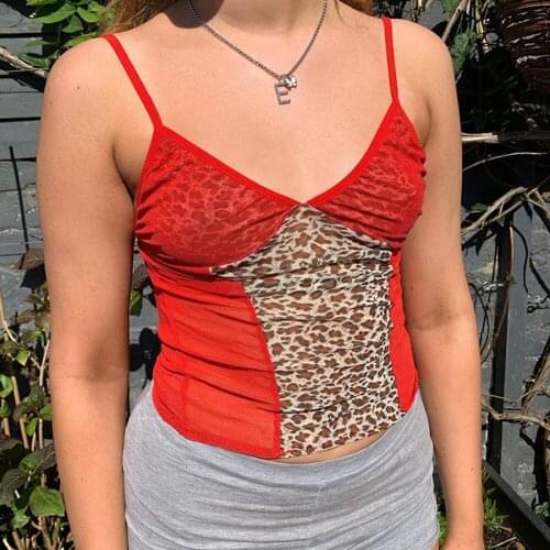 Women Summer Mesh Patchwork Leopard Print Suspenders Crop Tops Tank Tops Deep V Neck Clubwear Streetwear Sleeveless Sexy Tops