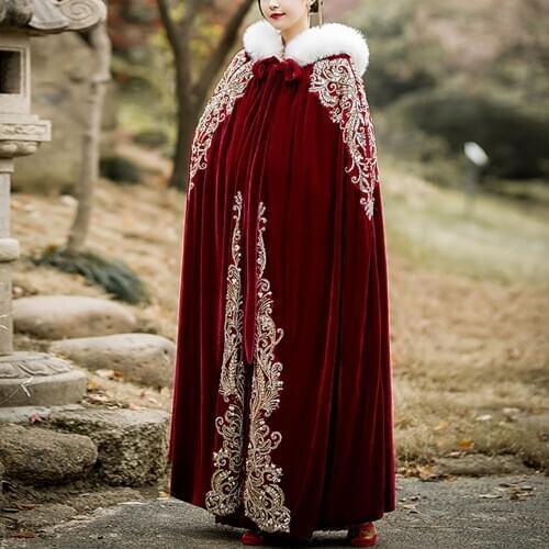 Evening Prom Party Velvet Cloak Bling Long Hooded Cape Gold Glitter Applique Shawl Burgundy Bolero with Faux Fur