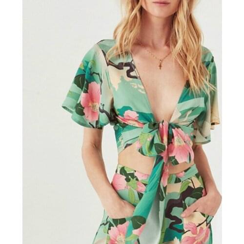 Happie Queens women short sleeve cross v-neck shirts casual floral printed blouse shirts Boho female blusas