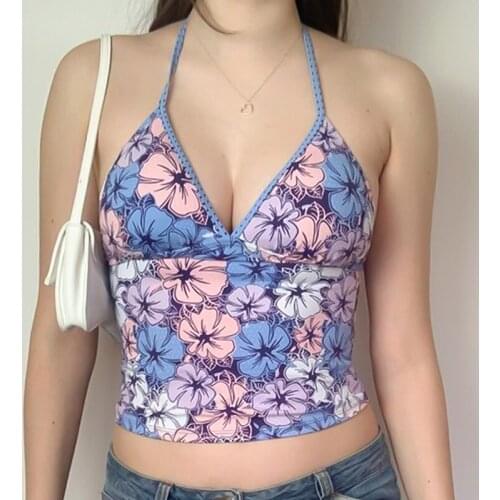 Women Sexy Halter Tanks Female Summer V-Neck Vest Floral Printed Pattern Sleeveless Crop Tops Blue