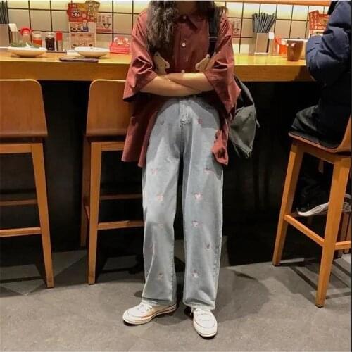 Woman Heart Print Jeans High Waist Straight Jeans High Street Harajuku Denim Clothing Blue Streetwear Fashion Vintage Pants Girl
