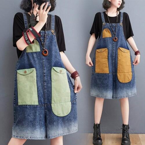 #2378 Black Blue Short Jumpsuit Women Sleeveless Casual Denim Playsuits Female Multi-pockets Wide Leg Playsuits Loose Summer