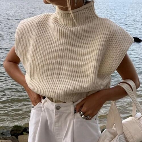 Women Ribbed Knitted Sleeveless Vest Turtleneck High Neck Simple Solid Color Sweater Loose Stretch Pullover Tank Top