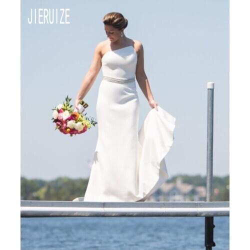 JIERUIZE Simple Satin Beach Wedding Dresses Strapless Neck Crystal Sash Backless Bride Dresses Wedding Gowns Vestidos de Novia