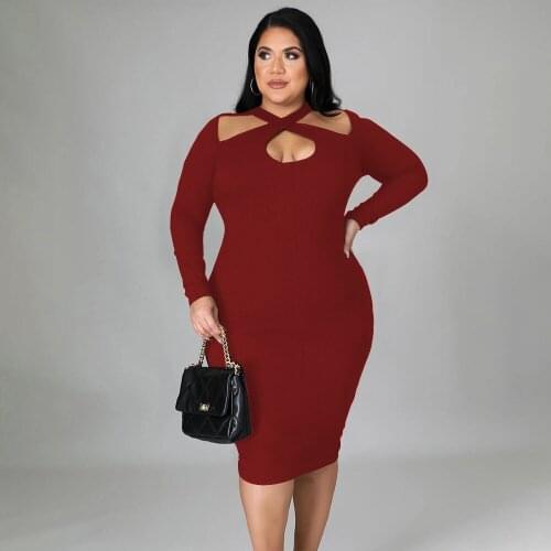 ZJFZML ZZ Women Clothing Dress Plus Size Sexy Ribbed Knitted Cut Out Front Long Sleeve Bodycon Dresses Dropshipping Wholesale
