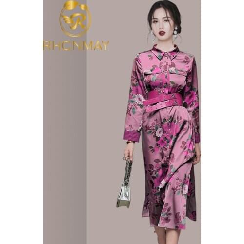 Autumn Vintage Elegant England Style Purple Flower Midi Dress Women Lady Office work Dresses Lapel neck Casual Dresses With Belt