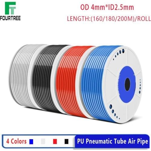 160/180/200 Meters Roll OD4mm*ID2.5mm Pneumatic PU Hose Black Transport Red Blue Air Tube Component Pipe for Compressor